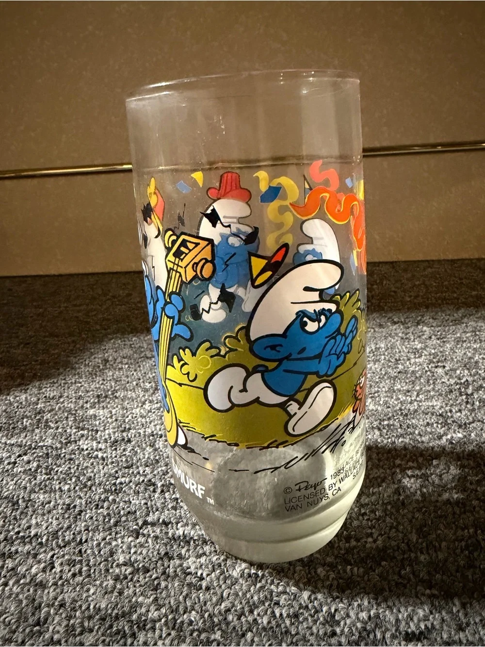 McDonald's Clear Glass Smurf Cup with Vintage 1983